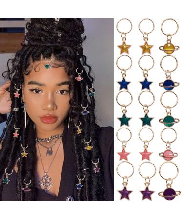 NAISKA 15 Pieces Gold Star Hair Accessories Braid Clips Colorful Stars Planet LoC Hair Jewelry Rings Starry Sky Pendant Charms Dreadlock Accessories Hair Jewelry for Women and Girls