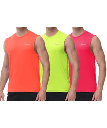 Cakulo Men's Workout Swim Sleeveless Shirts Quick Dry Beach Pool Tech Running Athletic Exercise Muscle Tank Top Big and Tall 3-pack:neon Orange/Neon Yellow/Neon Pink Large