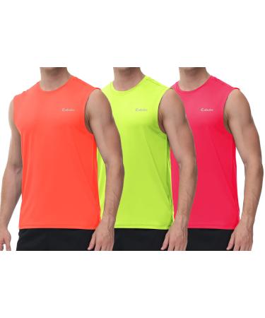 Cakulo Men's Workout Swim Sleeveless Shirts Quick Dry Beach Pool Tech Running Athletic Exercise Muscle Tank Top Big and Tall 3-pack:neon Orange/Neon Yellow/Neon Pink Large
