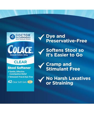 Colace Clear Stool Softener Soft Gel Capsules Constipation Relief 50mg Docusate Sodium Doctor Recommended 42ct (Pack of 2) - Buy Online on GoSupps.com