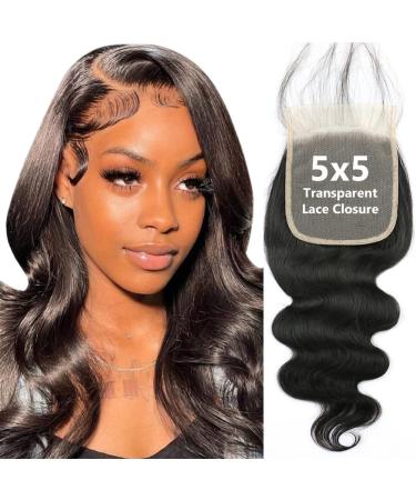 5x5 Transparent Lace Closure Only Body Wave Hair Closure Invisible Lace Closure 12A Brazilian Virgin Remy Human Hair Frontal Closure 100% Human Hair Extensions for Women Free Part Pre Plucked with Baby Hair Natural Black...