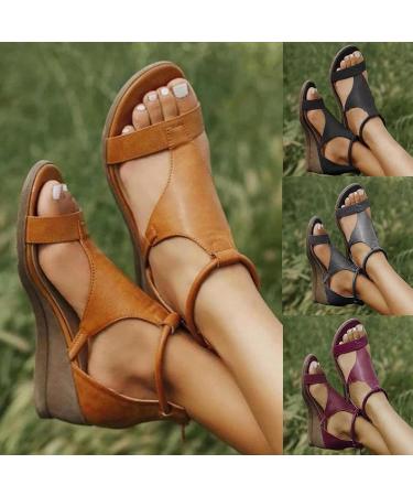 Rvidbe Women's Dressy Low Wedge Peep Toe Zipper Sandals - Brown, Size 8.5 - Buy Online on GoSupps.com