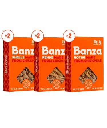 Banza Chickpea Pasta Variety Pack - Gluten-Free, High Protein, Non-GMO - 8 oz (Pack of 6) | Penne, Rotini, Shells - Buy Online on GoSupps.com
