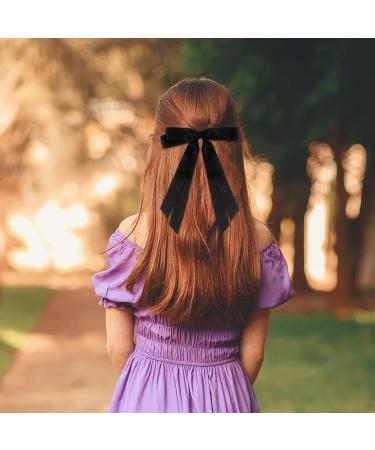 2 Pack Hair Bows for Women Black Bow Hair Clips French Barrette with Long Silky Satin Hair Ribbons for Women Girls(Black) - Buy Online on GoSupps.com