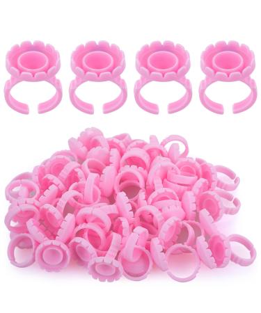 Sibba 100 pieces of eyelash glue holder rings plastic container ring cup tray for eyelash extensions fan bloom accessories (pink round)