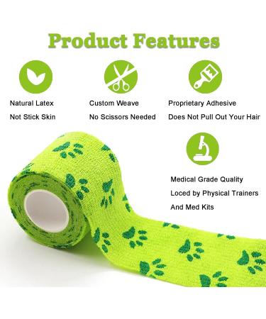Dog Vet Wrap: 8 Rolls Self Adhesive Bandages for Paws - Breathable & Stretchable Fabric for Sprains & Swelling in 4 Colors with Paw Pattern - Buy Online on GoSupps.com