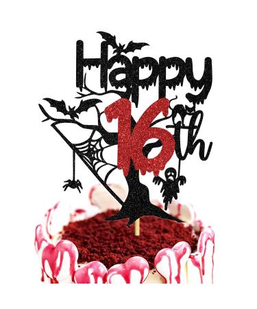 Halloween Happy 16th Birthday Cake Topper Horror Classic Halloween Cake Decor for Bloody Horror Theme 16 Years Old Birthday Party Decorations Supplies