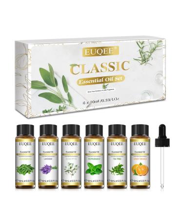 EUQEE Essential Oils Set Therapeutic Grade Pure Oil for Diffuser Home Classic Aromatherapy - Lavender Eucalyptus Peppermint Tea Tree Sweet Orange Lemongrass 6 x 10ml White