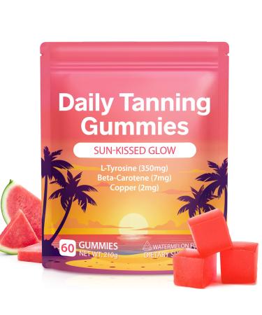 Valleylux Daily Tanning Gummies - Enhance Natural Tan Nourish & Protect Skin - with L-Tyrosine & Beta-Carotene - Sun-Free Glow - Watermelon Flavor 60 Count