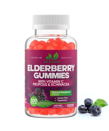 Elderberry Sambucus Gummies with Vitamin C Echinacea Propolis (100 count) - Immune Support for Adults & Kids - Extra Strength Great Tasting Raspberry Flavor - Gluten-Free Vegan - 100 Gummies