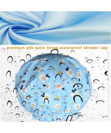 2Pcs Satin Lined Waterproof Shower Cap for Women - Extra Large Reusable Adjustable Double Layers - Blue Purple Flower Design - Buy Online on GoSupps.com