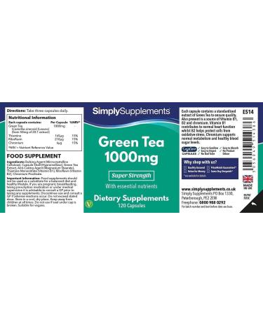Green Tea Extract Capsules 1000mg with Added Chromium | 120 Capsules | Blood Sugar Regulation | Vegetarian Safe | Wheat-Free | UK Made - Buy Online on GoSupps.com