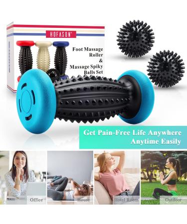 HOFASON Foot Roller Massage Ball Set for Plantar Fasciitis & Body Pain Relief - 1 Roller & 2 Spiky Balls - Foot Massager Reflexology Tool (Black Blue) - Buy Online on GoSupps.com