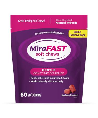 MiraFAST Soft Chews from The Makers of MiraLAX Gentle Constipation Relief Fast Acting Stimulant Free Saline Laxative Magnesium Hydroxide Blueberry & Raspberry Flavor 60ct