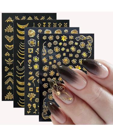 10 Sheets Gold Flowers Nail Art Sticker 3D Metallic Flowers Line Nail Decals Self-Adhesive Flower Lace Nail Stickers Leaves Nail Art Decor Manicure for Women