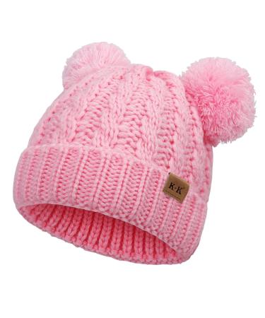 Baby Girls Bobble Hat - Toddler Winter Beanie Hats Kids Warm Knitted Beanies Double Pom Pom Hats Bonnet Cap for Children Boys Girls 1-6Y One Size Pink