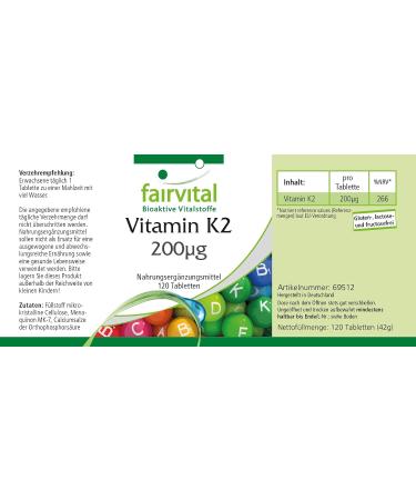 Fairvital | Vitamin K2 200mcg - Menaquinone from fermented soy - MK-7 - VEGAN - Highly dosed - 120 tablets - 4 months - Buy Online on GoSupps.com