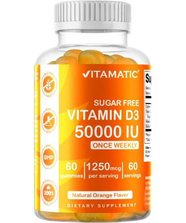 Vitamatic Sugar Free Vitamin D3 50 000 IU Weekly Supplement - 60 Pectin Based Gummies - Vitamin D Capsules for Bones Teeth and Immune Support