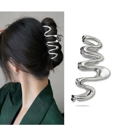 Silver Metal Hair Clips Claws Big Geometric Metal Hair Claw For Women Temperament Wave Flower Hair Clip Barrettes Hairpin Accessories 1Pcs (Silver Wave)