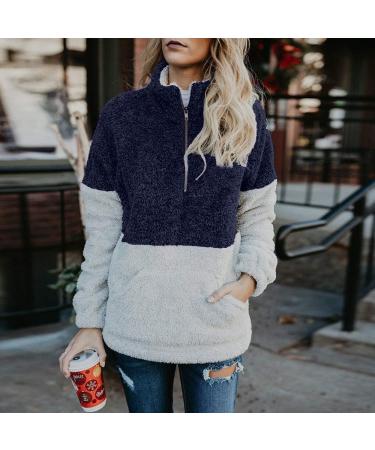 Bigfanshu Womens Tops Winter Warm Long Sleeve Stitching Leopard Plush Blouse Coat Sweater Blue - Buy Online on GoSupps.com