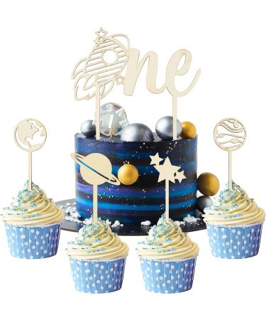Haooryx 5pcs Outer Space Wood ONE Cake Toppers - Rocket 1st Birthday Cake Topper Wood Star Planet Cupcake Decor Outer Space DIY Cake Toppers Decor for Kids 1st Birthday Baby Shower Party Favor