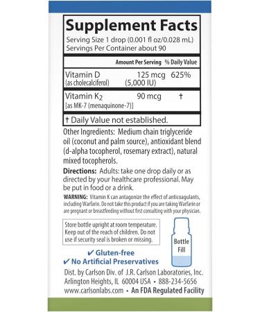 Carlson - Super Daily D3 + K2 125 mcg (5000 IU) Vitamin D3 90 mcg Vitamin K2 as MK-7 Bone Support 90 Liquid Drops (2.54 mL) - Buy Online on GoSupps.com