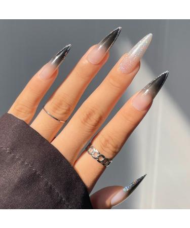 Justotry 24 pieces glitter stiletto nails long gradient black French artificial nails nude almond art nails press on nails pretty fingernails fake nails for women blnu & stiletto1 - Buy Online on GoSupps.com