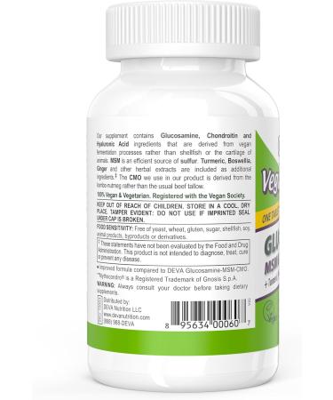 DEVA Vegan Glucosamine MSM & Chondroitin + Turmeric CMO Boswellia Hyaluronic Acid & More Improved Non-Animal Formula 90 Tablets 90 Count (Pack of 1) - Buy Online on GoSupps.com