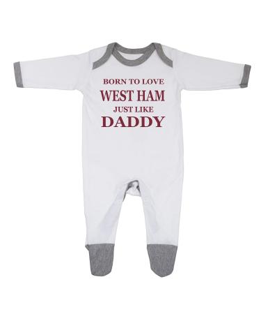 'Born To Love West Ham Just Like Daddy' Baby Boy Girl Sleepsuit Designed and Printed in the UK Using 100% Fine Combed Cotton 3-6 Months White/Grey Trim - Buy Online on GoSupps.com