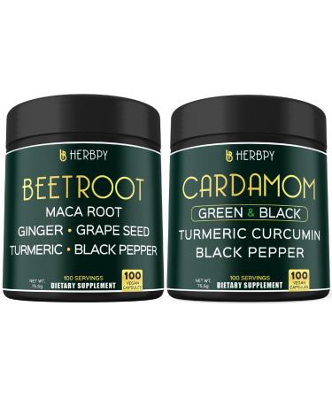 Herbpy Bundle 6in1 Beet Root Capsules 100 Count & 4in1 Cardamom Capsules 100 Count - Support Restful Night Heart Health Digestion & Natural Wellness