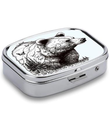 Wildlife Hand Drawn Bear Pill Box | 2 Compartment Decorative Metal Organizer for Pocket & Purse - Buy Online on GoSupps.com