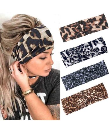 Fashband Boho Leopard Print Headbands Criss Cross Knotted Hair Bands Elastic Stretchy Twist Head Wraps Yoga Outdoor Head Scarfs Headpiece for Women Girls (Pack of 4) Type A
