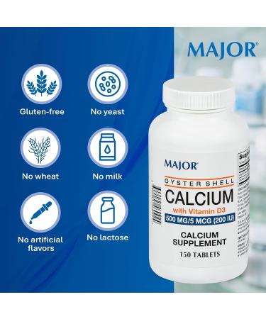 MAJOR Oyster Shell Calcium 500mg Tablets with Vitamin D3 200IU (5 mcg) - Gluten-Free Daily Vitamin D Dietary Supplement for Bone Health and Calcium Absorption 150 Count - Buy Online on GoSupps.com