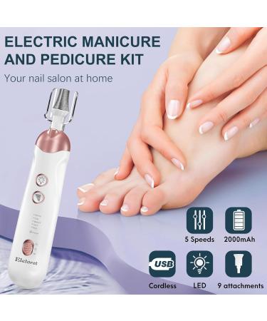 Electric Manicure Pedicure Set for Women - Cordless Rechargeable Nail Drill with 8 Attachments and LED Light - Ideal for Thick Nails and Cuticle Care - White - Buy Online on GoSupps.com