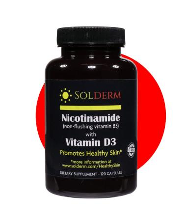 SOLDERM Nicotinamide with Vitamin D3 & Non-Flushing B3 | 500 Mg 2000 IU | Vegetarian Gluten-Free 120 Capsules | Promotes Healthy Skin