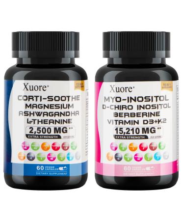 Xuore cortisol & myo-inositol Supplement Bundle with ashwagandha Magnesium l-theanine d-Chiro inositol folate Berberine chasteberry for Stress Relief & Balance