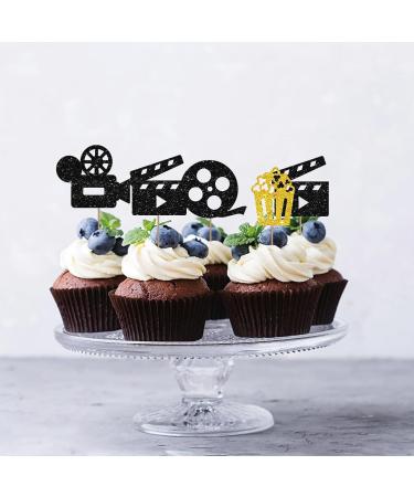 Set of 24 Movie Cupcake Toppers for Hollywood Theme Baby Shower Black & Gold Glitter Camera Popcorn Sign Cupcake Toppers Cake Decorations for Movie Night Party Supplies - Buy Online on GoSupps.com