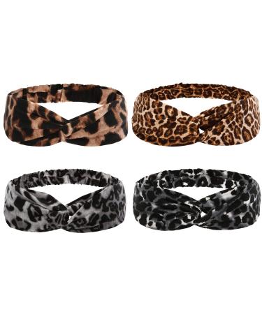 Folora 4pcs Leopard Print Twisted Criss Cross Elastic Headbands Soft Cotton Hair Bands for Women Girls 4pcs/B