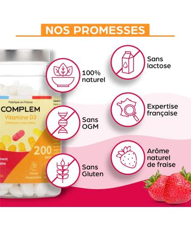 Natural Vitamin D3 High Concentration 2000 IU 100% Recommended Daily Dose Made in France 90 Tablets Strawberry Flavor 3 Months - Buy Online on GoSupps.com