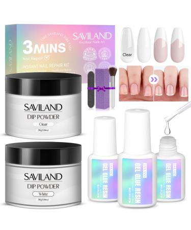 Saviland Nail Repair Kit for Broken Natural Nails: 3 Mins Repair&Air Dry Dip Powder Nail Kit for Nail Repair White & Clear Dipping Powder Nail Glue Nail File Nail Dust Brush for Nail Repair Treatment 01-Clear & White - Buy Online on GoSupps.com