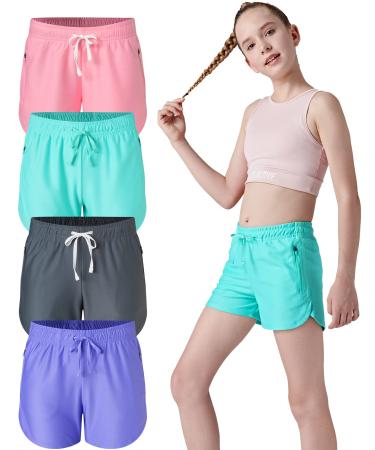 4 Pack Youth Girls Athletic Shorts 3" Girls Soccer Shorts Kids Workout Gym Clothes Activewear Apparel with Zipper Pockets Set 1 Large