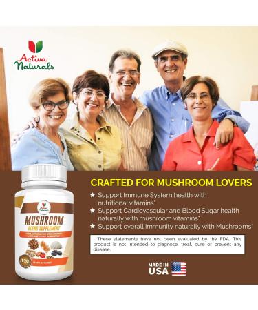 Activa Naturals Mushroom Supplement - 120 Veggie Capsules with Turkey Tail, Reishi, Lion's Mane, Maitake, Cordyceps, Chaga, Shiitake Mushrooms - Buy Online on GoSupps.com