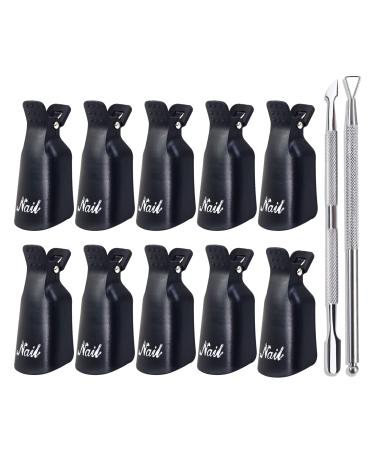 Qufiiry 10 Pcs Nail Polish Remover Clips Black Reusable Nail Clips Soak Off Nail Clips Set Gel Remover Clips For Home and Professional Salon Include 1 Pcs Gel Polish Scraper 1Pcs Cuticle Pusher