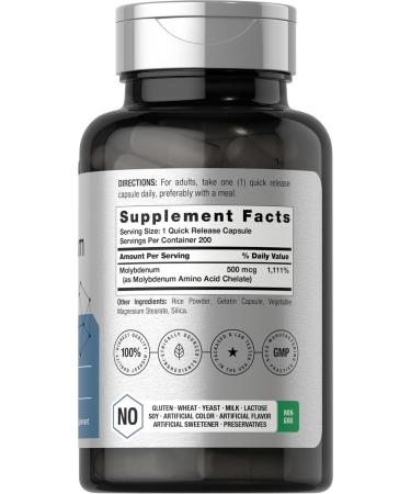 Horbaach Molybdenum Supplement | 500mcg | 200 Capsules | Amino Acid Chelate | Non-GMO Gluten Free - Buy Online on GoSupps.com