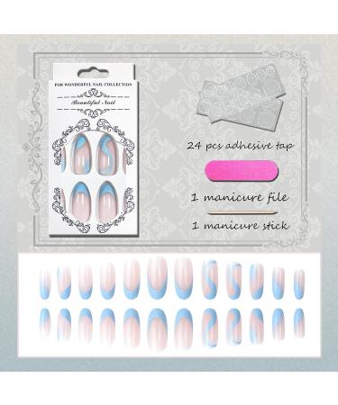 VOTACOS Medium Round Nude Fake Nails with Blue Wave Design - Glossy Full Cover Press on Nails for Women - Buy Online on GoSupps.com