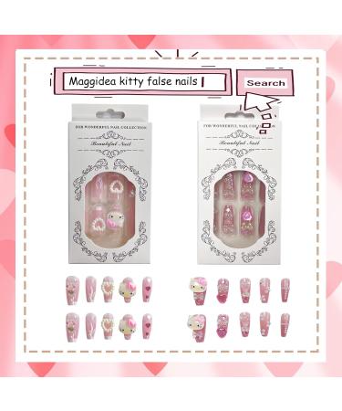 Long Acrylic Stick on Nails - 24pcs Nude Pink Black Coffin Design Fake Nails with Glue Sticker - Fashion Nail Tips for Women and Girls (Kitty) - Buy Online on GoSupps.com