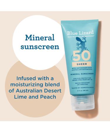 Blue Lizard Sheer Mineral SPF 50 Sunscreen Lotion Zinc Oxide 100% Mineral Formula Nourishes with Australian Desert Lime and Peach Paraben-Free Fragrance-Free 3 fl oz 3 Ounce (Pack of 1) - Buy Online on GoSupps.com