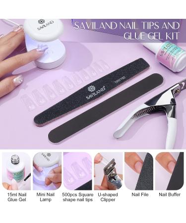 Saviland 500 Pcs Square Nail Tip & Glue Gel Kit with Mini UV LED Lamp - DIY Acrylic Nail Extension Set - Buy Online on GoSupps.com