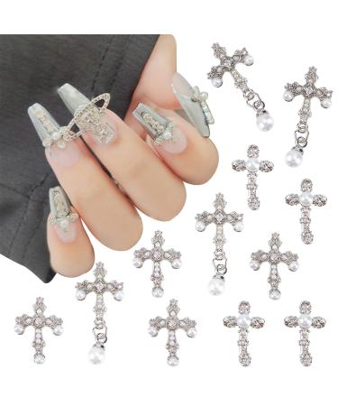 NICENEEDED 12Pcs Cross Nail Art Charms Kit 3D Big Nail Jewelry with Pearl for Nail Decorations Antique Style Mixed Size Nail Rhinestones Set for Women Girls Nail Art Design(Silver) style 0