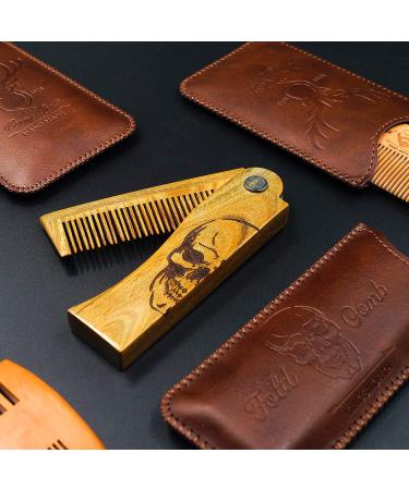 Menesia Men's Green Sandalwood Folding Pocket Beard Comb Set with Leather Case - Skull Design - Buy Online on GoSupps.com